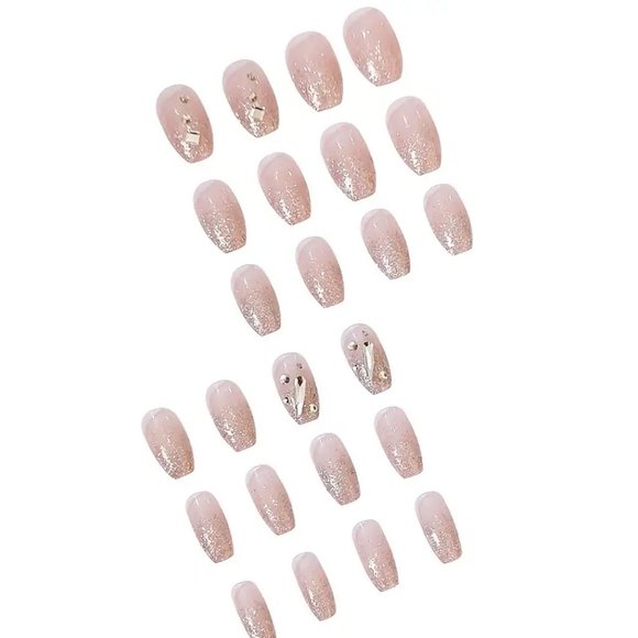 NWT PressOn Nails, Medium Square Glitter French False Nails With Artificial Gems - Picture 2 of 5